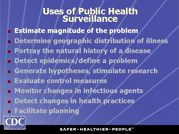 Uses of Public Health Surveillance n n n n n Estimate magnitude of the