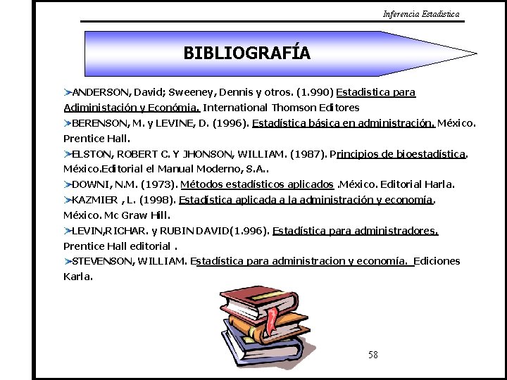 Inferencia Estadistica BIBLIOGRAFÍA ANDERSON, David; Sweeney, Dennis y otros. (1. 990) Estadistica para Adiministación