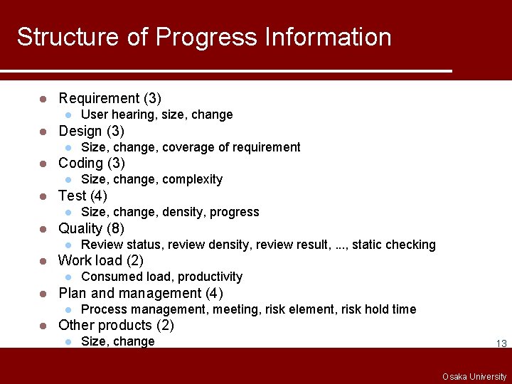 Structure of Progress Information l Requirement (3) l l Design (3) l l Consumed