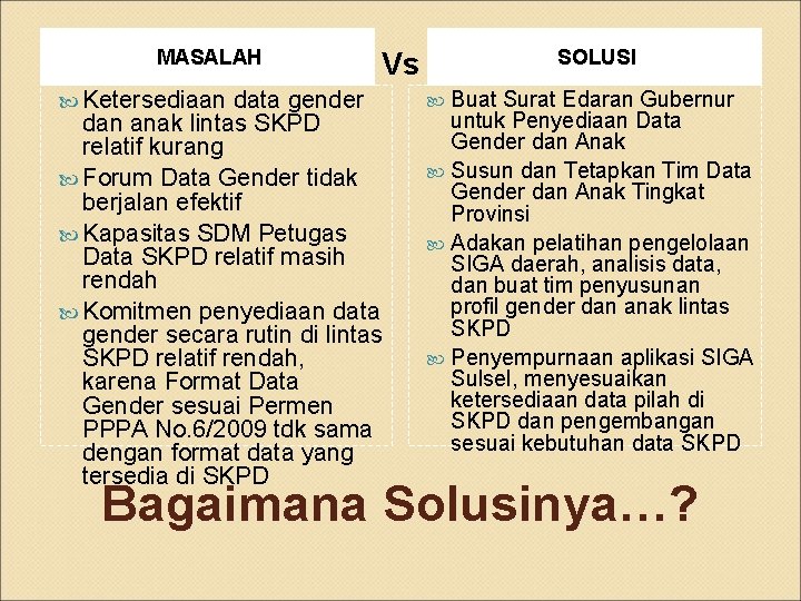 MASALAH Ketersediaan SOLUSI Vs data gender dan anak lintas SKPD relatif kurang Forum Data