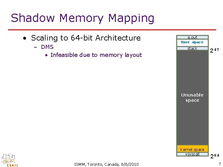 Shadow Memory Mapping • Scaling to 64 -bit Architecture – DMS • Infeasible due