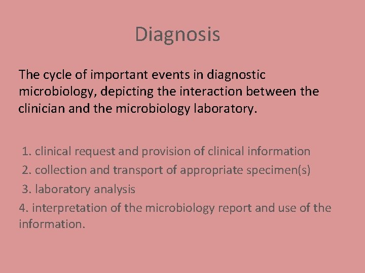 Diagnosis The cycle of important events in diagnostic microbiology, depicting the interaction between the