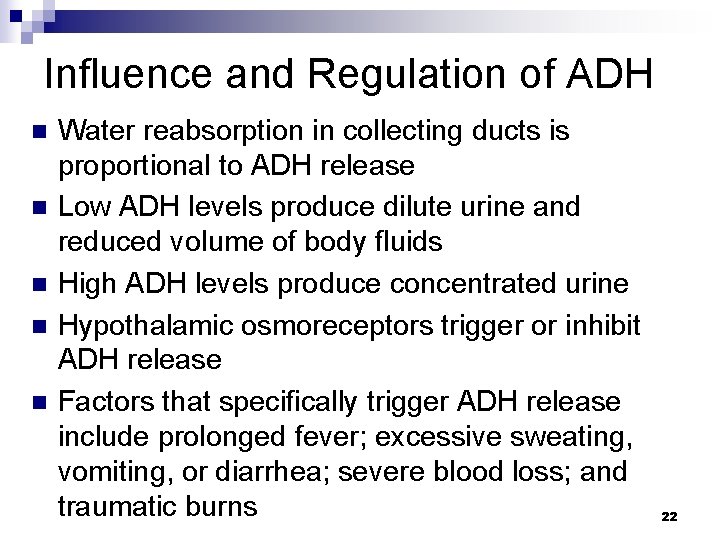 Influence and Regulation of ADH n n n Water reabsorption in collecting ducts is