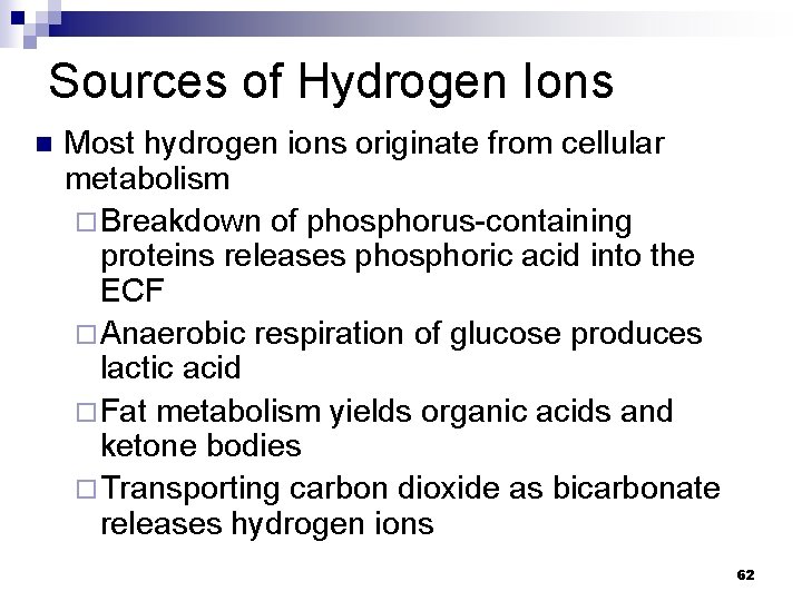 Sources of Hydrogen Ions n Most hydrogen ions originate from cellular metabolism ¨ Breakdown