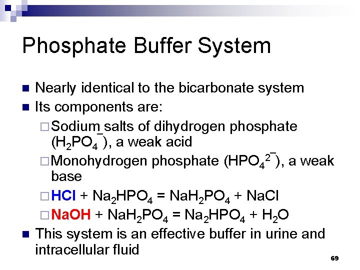 Phosphate Buffer System n n n Nearly identical to the bicarbonate system Its components