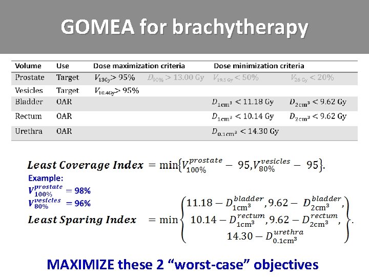 GOMEA for brachytherapy MAXIMIZE these 2 “worst-case” objectives 