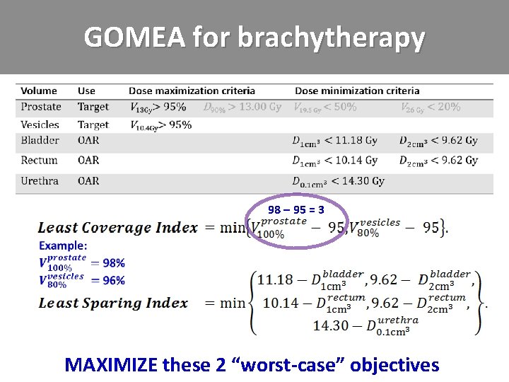GOMEA for brachytherapy 98 – 95 = 3 MAXIMIZE these 2 “worst-case” objectives 
