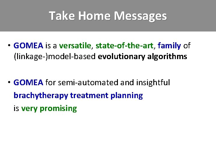 Take Home Messages • GOMEA is a versatile, state-of-the-art, family of +(linkage-)model-based evolutionary algorithms