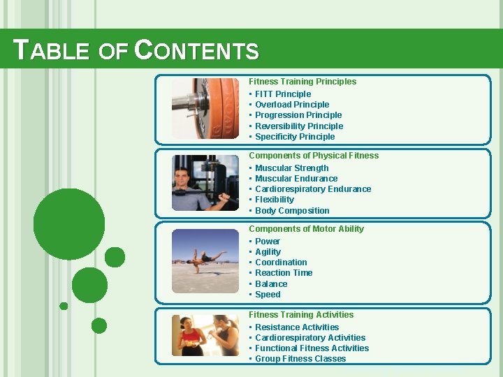 TABLE OF CONTENTS Fitness Training Principles • • • FITT Principle Overload Principle Progression