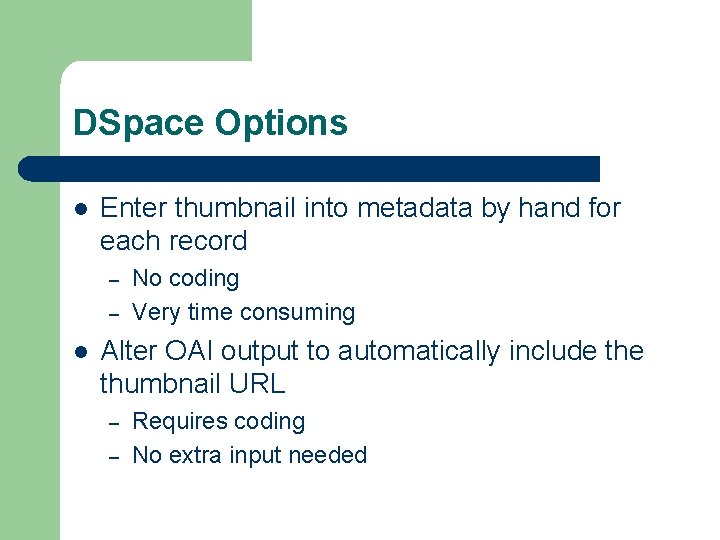 DSpace Options l Enter thumbnail into metadata by hand for each record – –