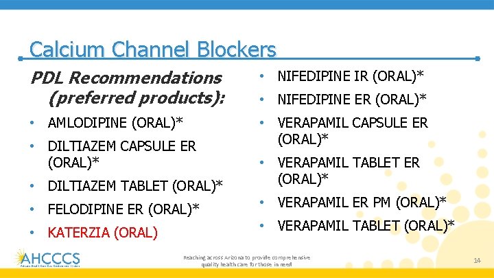 Calcium Channel Blockers PDL Recommendations (preferred products): • NIFEDIPINE IR (ORAL)* • AMLODIPINE (ORAL)*