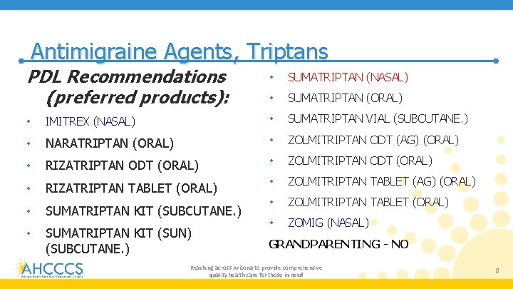 Antimigraine Agents, Triptans PDL Recommendations (preferred products): • SUMATRIPTAN (NASAL) • SUMATRIPTAN (ORAL) •