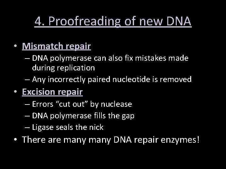4. Proofreading of new DNA • Mismatch repair – DNA polymerase can also fix