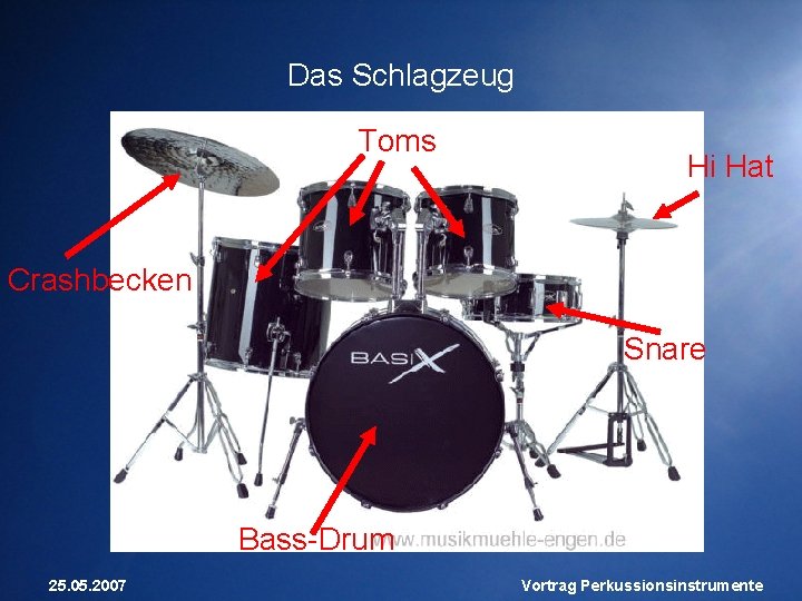 Das Schlagzeug Toms Hi Hat Crashbecken Snare Bass-Drum 25. 05. 2007 Vortrag Perkussionsinstrumente 