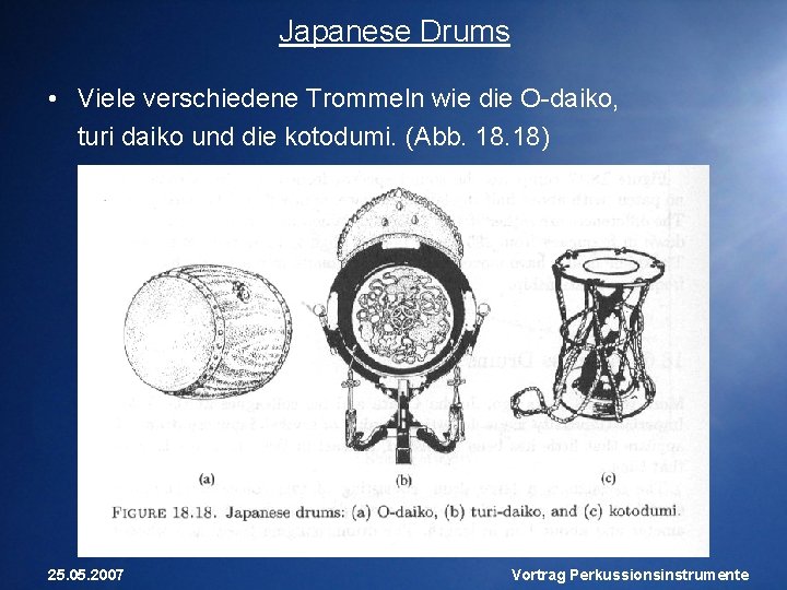 Japanese Drums • Viele verschiedene Trommeln wie die O-daiko, turi daiko und die kotodumi.