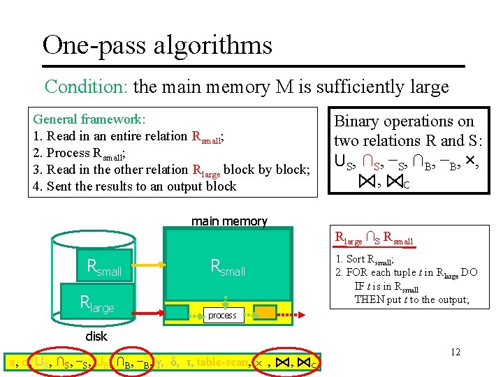 One-pass algorithms Condition: the main memory M is sufficiently large General framework: 1. Read