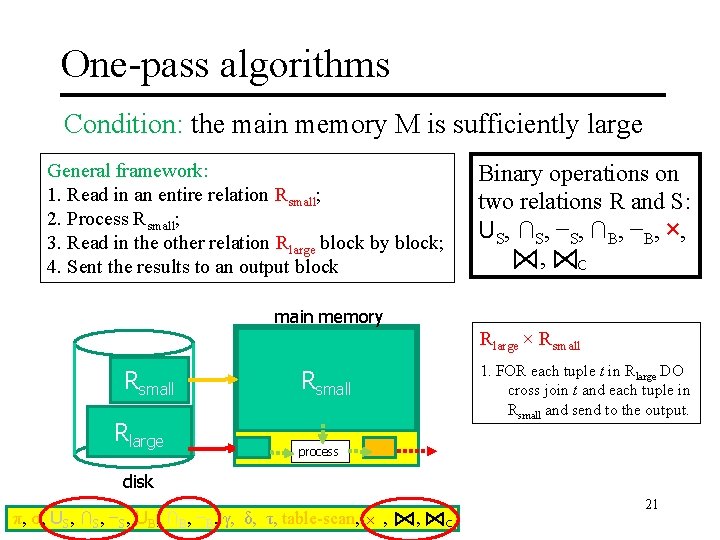 One-pass algorithms Condition: the main memory M is sufficiently large General framework: 1. Read