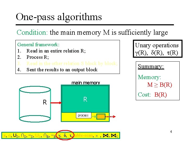 One-pass algorithms Condition: the main memory M is sufficiently large General framework: 1. Read