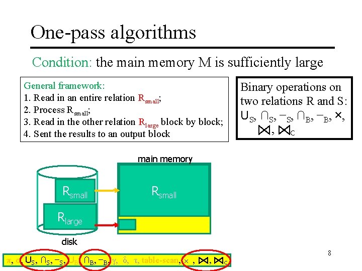 One-pass algorithms Condition: the main memory M is sufficiently large General framework: 1. Read