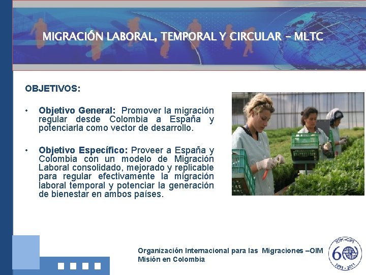 MIGRACIÓN LABORAL, TEMPORAL Y CIRCULAR - MLTC OBJETIVOS: • Objetivo General: Promover la migración