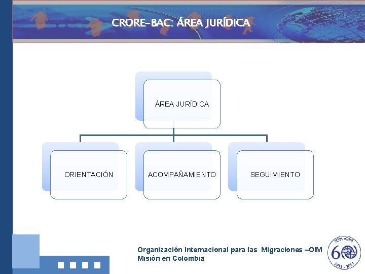 CRORE-BAC: ÁREA JURÍDICA Investigación, ÁREA JURÍDICA Documentació ny Divulgación ORIENTACIÓN ACOMPAÑAMIENTO SEGUIMIENTO Organización Internacional