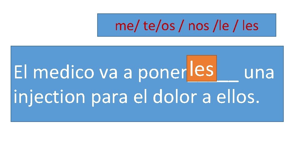 me/ te/os / nos /le / les una El medico va a poner_____ injection