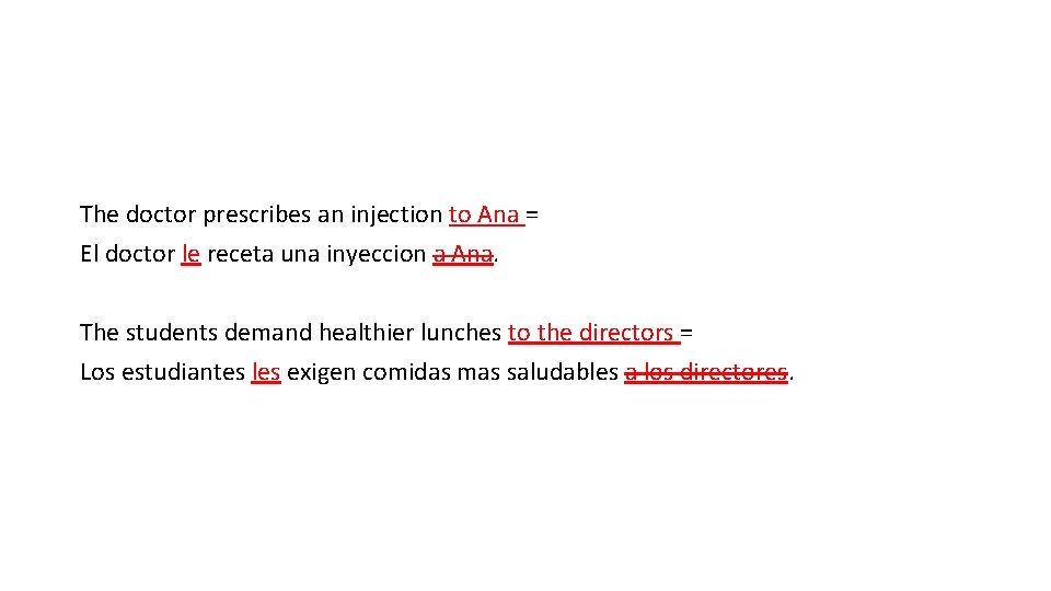 The doctor prescribes an injection to Ana = El doctor le receta una inyeccion