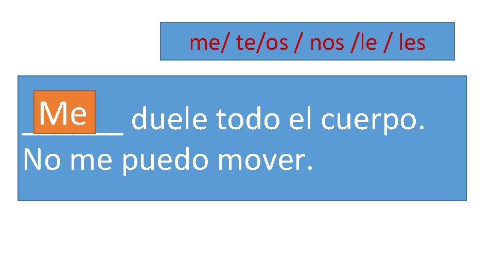 me/ te/os / nos /le / les Me duele todo el cuerpo. ______ No