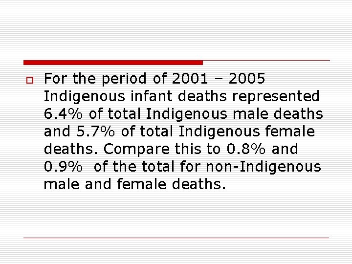 o For the period of 2001 – 2005 Indigenous infant deaths represented 6. 4%