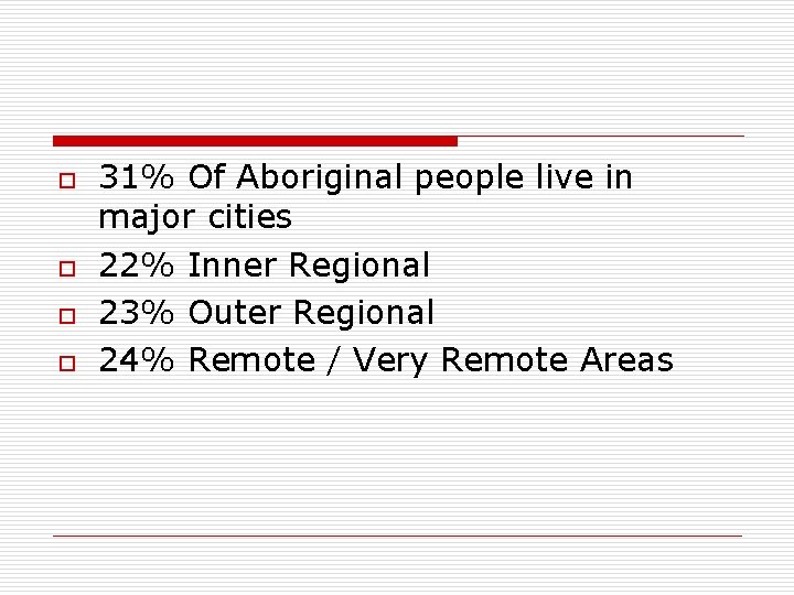 o o 31% Of Aboriginal people live in major cities 22% Inner Regional 23%