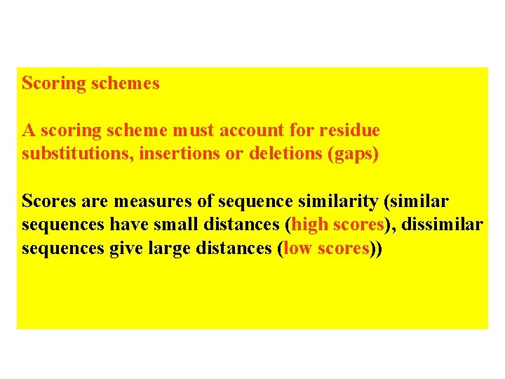Scoring schemes A scoring scheme must account for residue substitutions, insertions or deletions (gaps)