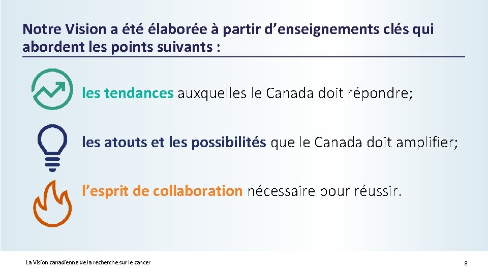 Notre Vision a été élaborée à partir d’enseignements clés qui abordent les points suivants