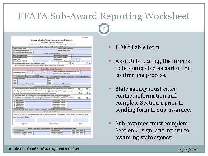 FFATA Sub-Award Reporting Worksheet 2 • PDF fillable form. • As of July 1,