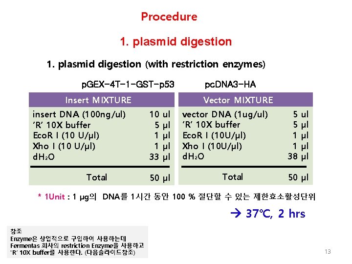 Procedure 1. plasmid digestion (with restriction enzymes) p. GEX-4 T-1 -GST-p 53 Vector MIXTURE