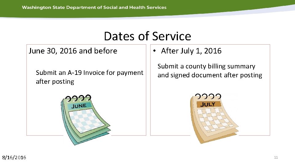 Dates of Service June 30, 2016 and before Submit an A-19 Invoice for payment