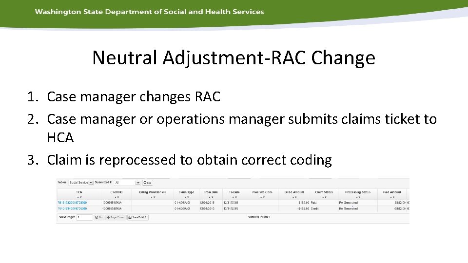 Neutral Adjustment-RAC Change 1. Case manager changes RAC 2. Case manager or operations manager