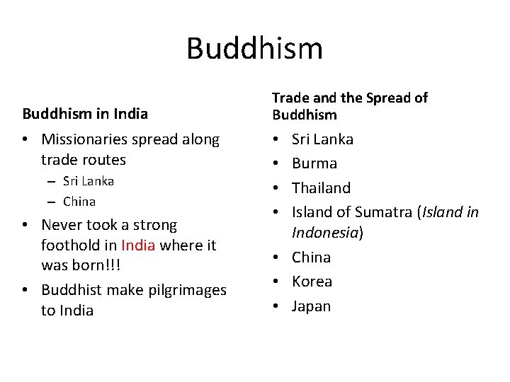 Buddhism in India • Missionaries spread along trade routes – Sri Lanka – China