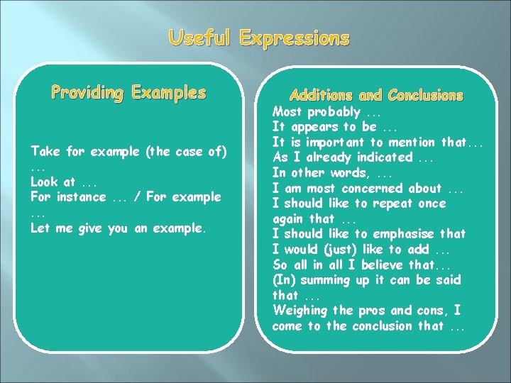 Useful Expressions Providing Examples Take for example (the case of). . . Look at.