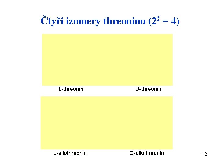 Čtyři izomery threoninu (22 = 4) L-threonin D-threonin L-allothreonin D-allothreonin 12 