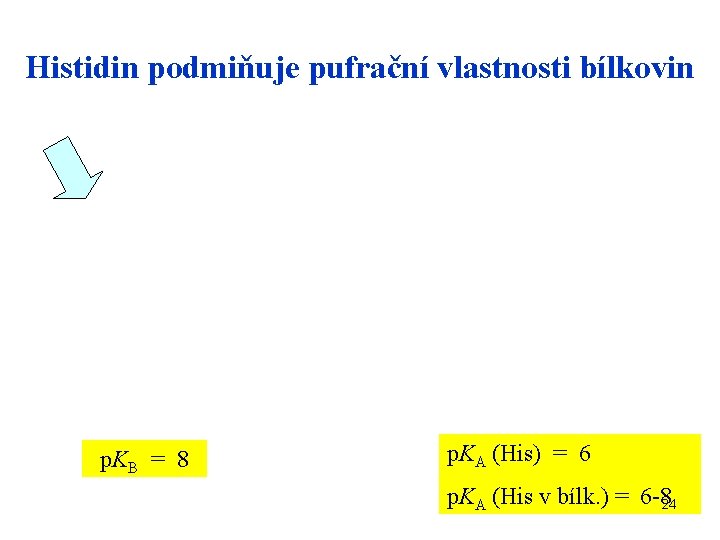 Histidin podmiňuje pufrační vlastnosti bílkovin p. KB = 8 p. KA (His) = 6