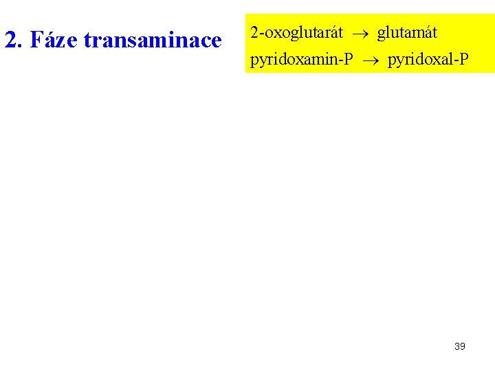 2. Fáze transaminace 2 -oxoglutarát glutamát pyridoxamin-P pyridoxal-P 39 
