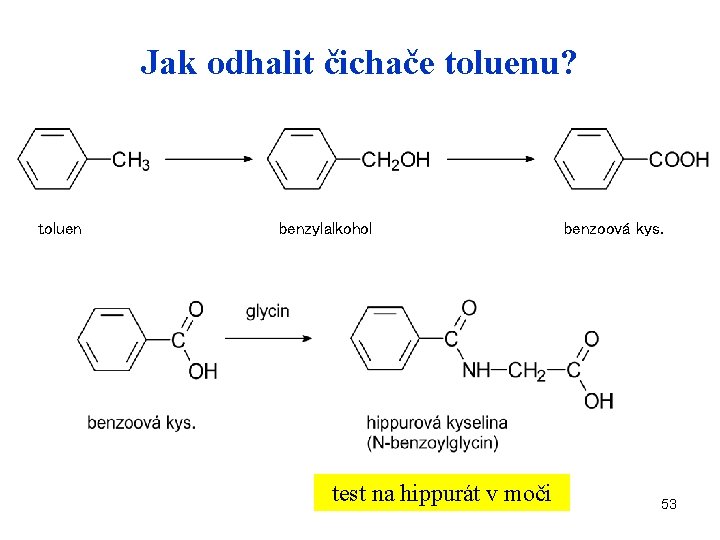 Jak odhalit čichače toluenu? toluen benzylalkohol test na hippurát v moči benzoová kys. 53