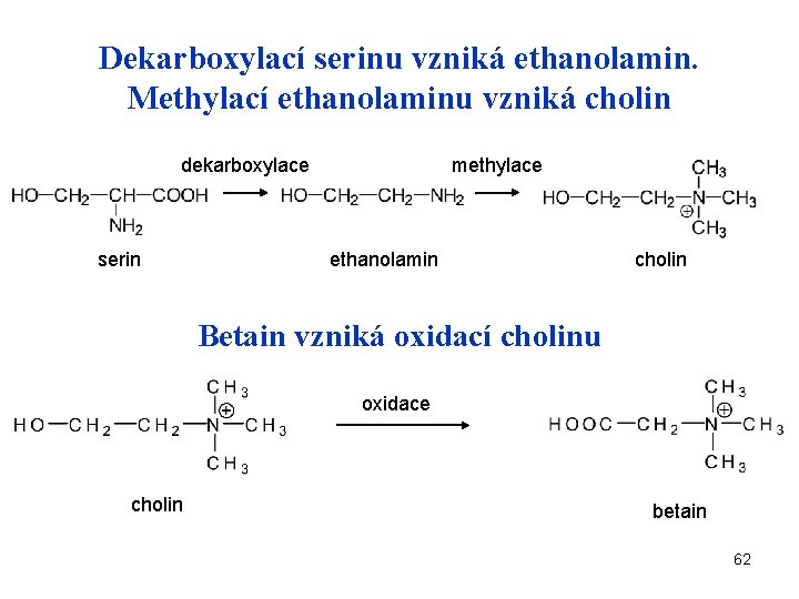 Dekarboxylací serinu vzniká ethanolamin. Methylací ethanolaminu vzniká cholin dekarboxylace serin methylace ethanolamin cholin Betain