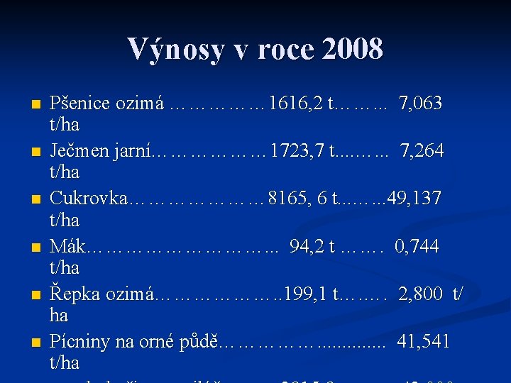 Výnosy v roce 2008 n n n Pšenice ozimá …………… 1616, 2 t……. .