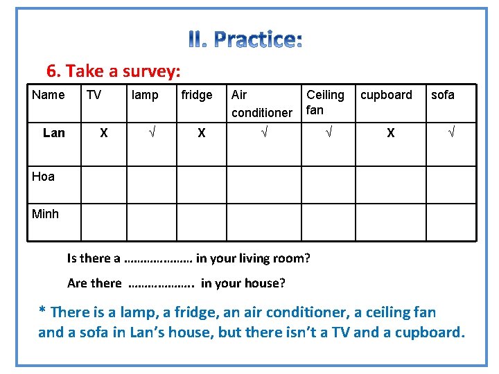 GRAMMAR 6. Take a survey: Name Lan TV X lamp √ fridge X Air