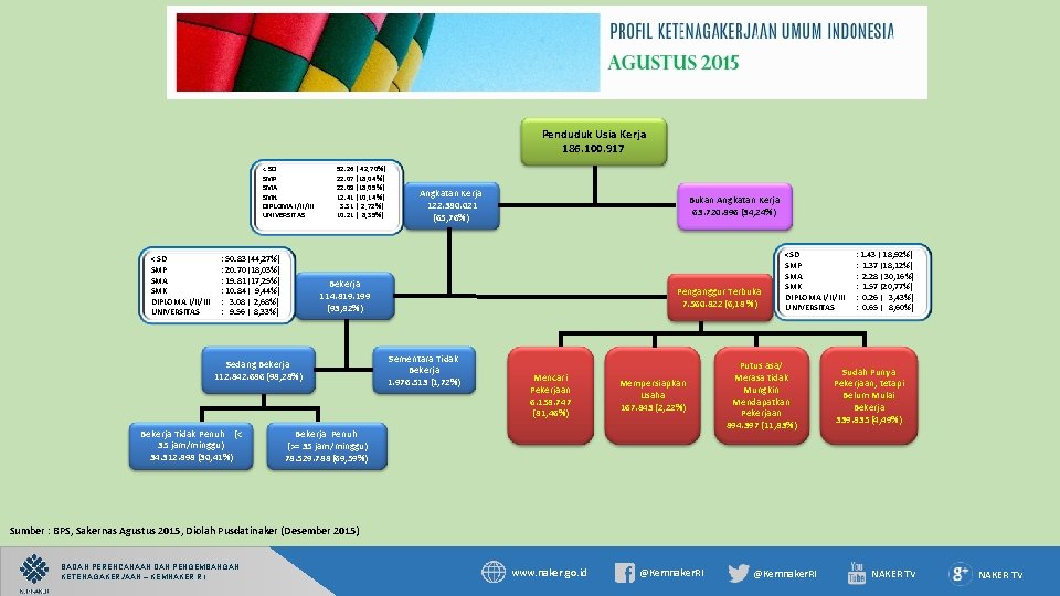 Penduduk Usia Kerja 186. 100. 917 < SD SMP SMA SMK DIPLOMA I/II/III UNIVERSITAS