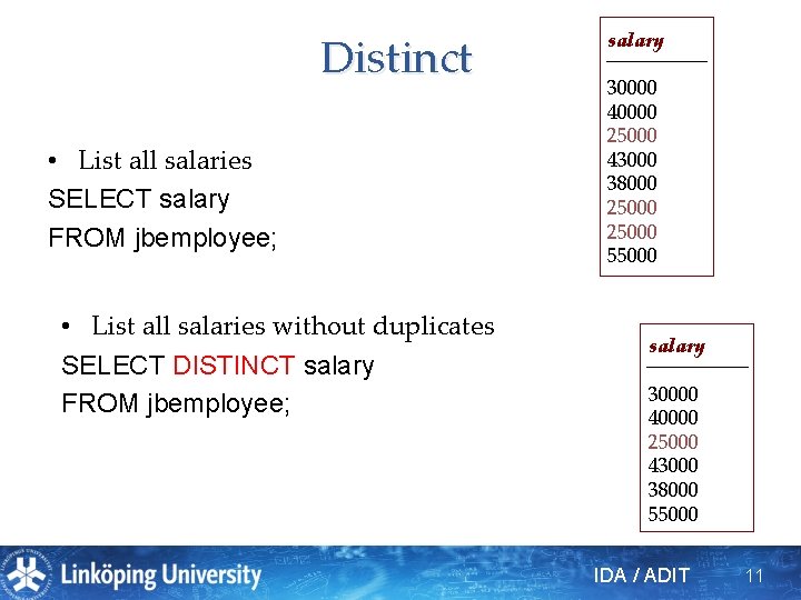 Distinct • List all salaries SELECT salary FROM jbemployee; • List all salaries without