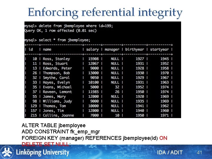 Enforcing referential integrity ALTER TABLE jbemployee ADD CONSTRAINT fk_emp_mgr FOREIGN KEY (manager) REFERENCES jbemployee(id)