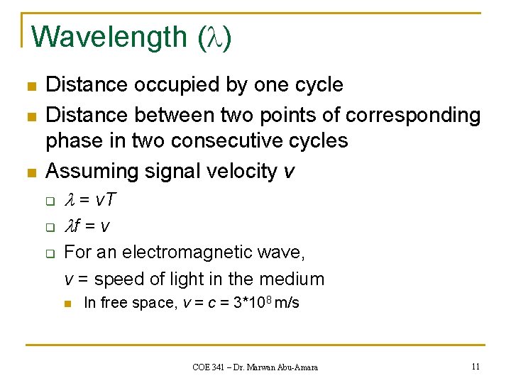 Wavelength ( ) n n n Distance occupied by one cycle Distance between two