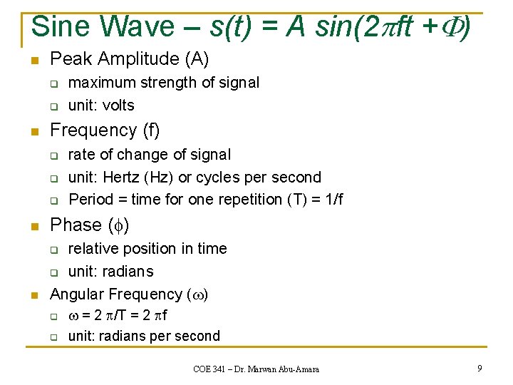 Sine Wave – s(t) = A sin(2 ft + ) n Peak Amplitude (A)